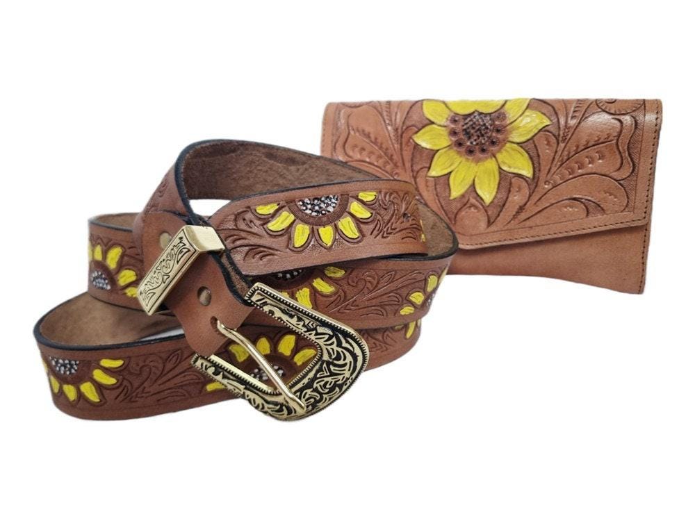 Sunflower Leather Gift Set for Women | Hippie Wallet & Western Belt Set | Boho Cowgirl Accessories | Floral Tooled Leather Belt
