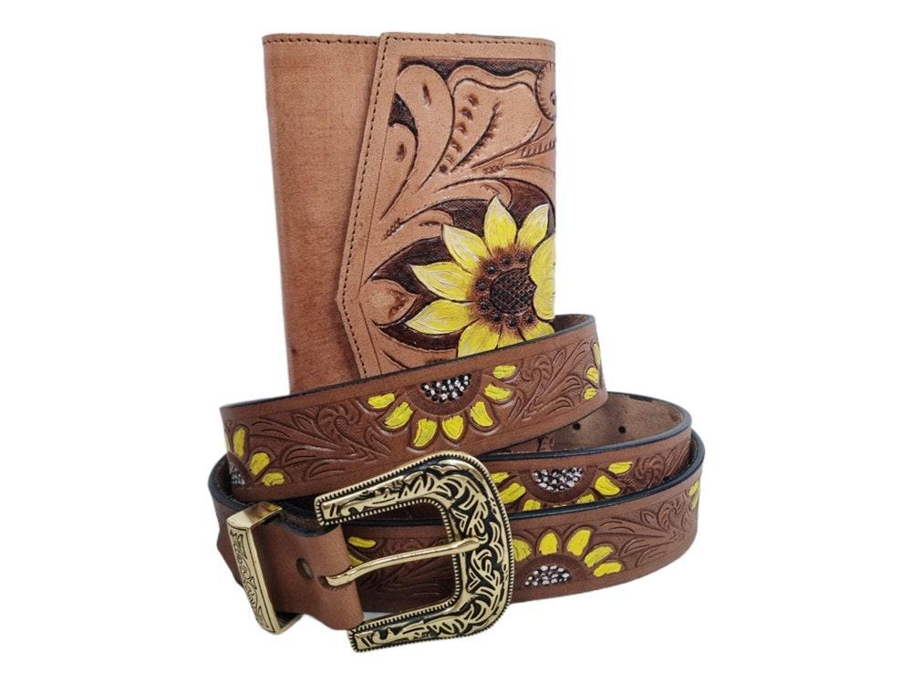 Sunflower Leather Gift Set for Women | Hippie Wallet & Western Belt Set | Boho Cowgirl Accessories | Floral Tooled Leather Belt