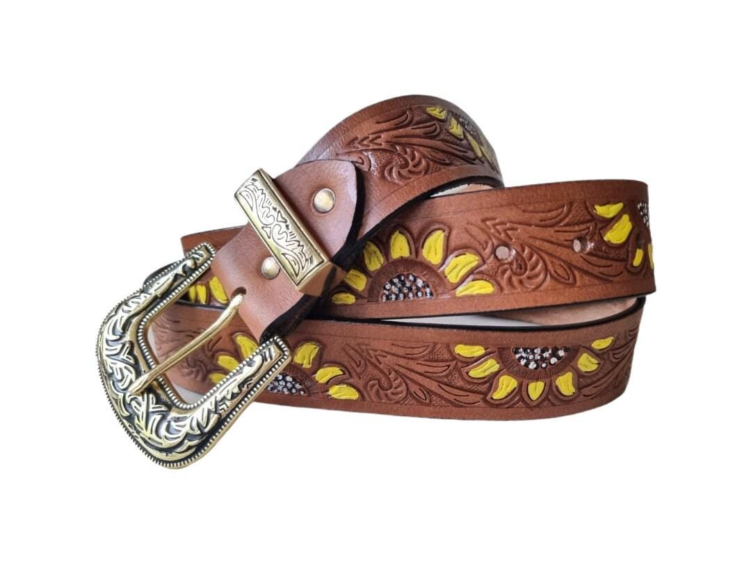 Sunflower Leather Gift Set for Women | Hippie Wallet & Western Belt Set | Boho Cowgirl Accessories | Floral Tooled Leather Belt