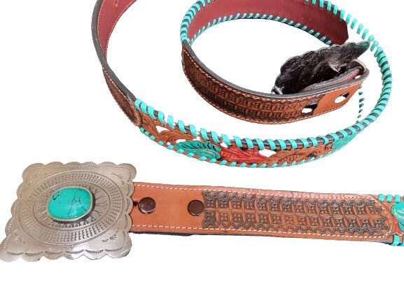 Hand Tooled Floral Leather Belt: Vintage Cowgirl Style with Turquoise Stone