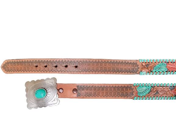 Hand Tooled Floral Leather Belt: Vintage Cowgirl Style with Turquoise Stone