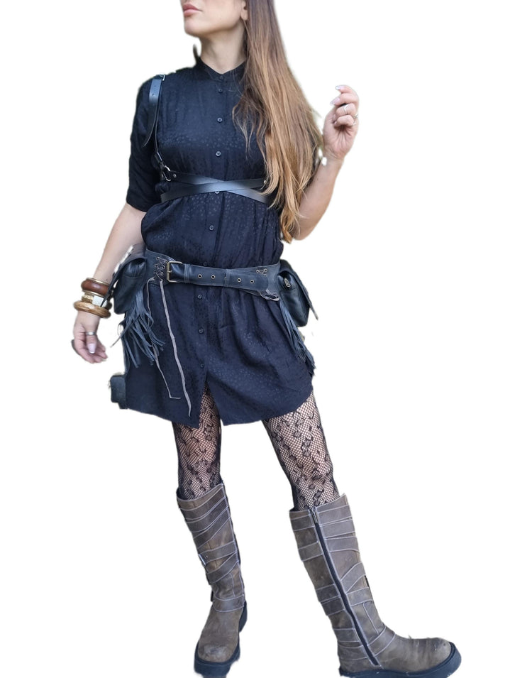 Leather Fringe Fanny Pack: Steampunk Belt Bag with Labradorite