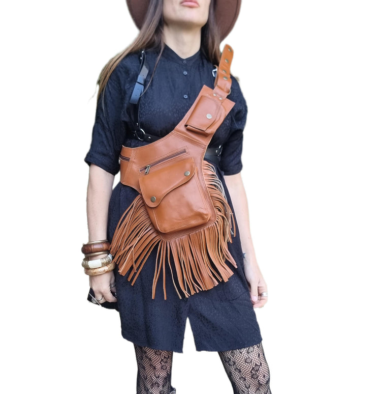 Fringe Leather Crossbody Bag, Womens Fanny Pack, Boho Travel Pocket Belt, Festival Outfit
