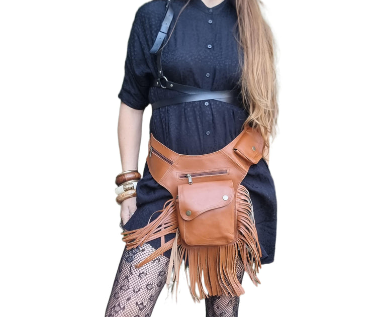 Fringe Leather Crossbody Bag, Womens Fanny Pack, Boho Travel Pocket Belt, Festival Outfit