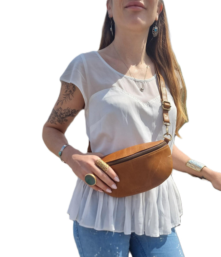 Leather Bum Bag, Tan Brown Leather Fanny Pack, Womens Belt Bag, Leather Crossbody Bag, Small Sling Bag, Festival Bag, Handmade Purse