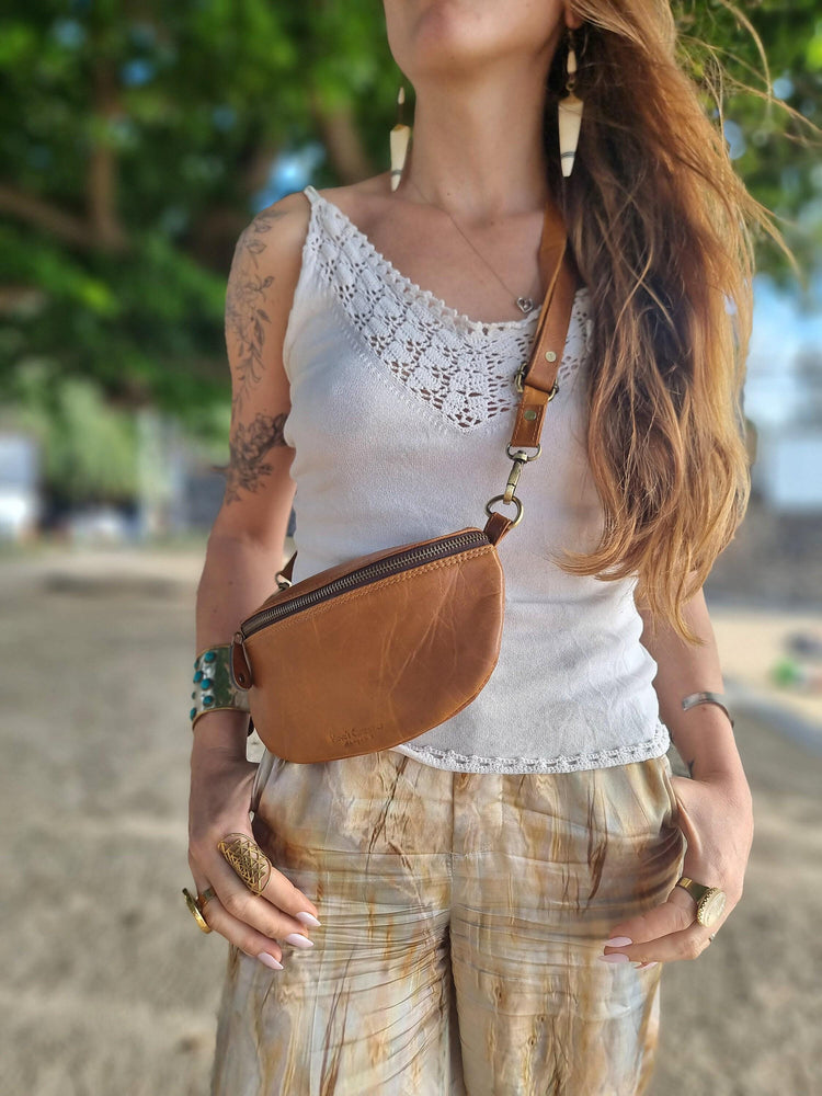 Leather Bum Bag, Tan Brown Leather Fanny Pack, Womens Belt Bag, Leather Crossbody Bag, Small Sling Bag, Festival Bag, Handmade Purse