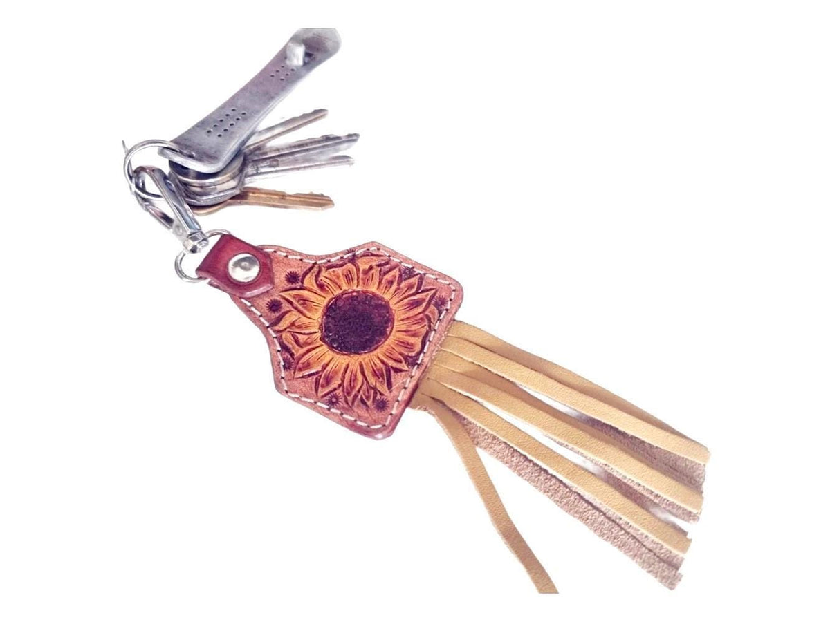 Hand Tooled Leather Sunflower Keychain with Fringe – Boho Western Bag Charm