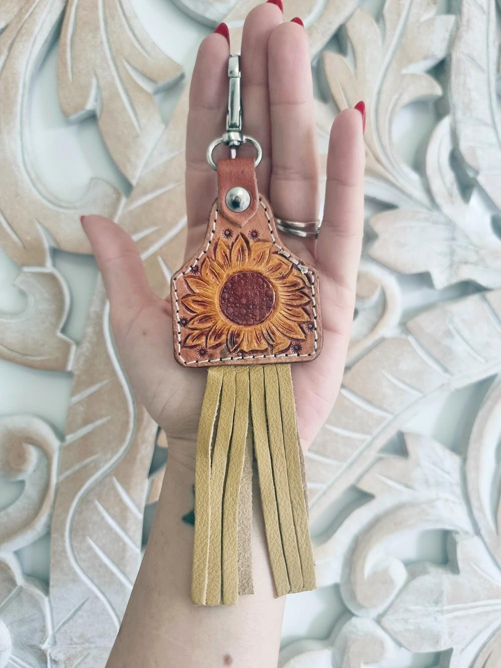 Hand Tooled Leather Sunflower Keychain with Fringe – Boho Western Bag Charm