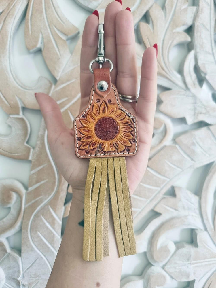 Hand Tooled Leather Sunflower Keychain with Fringe – Boho Western Bag Charm
