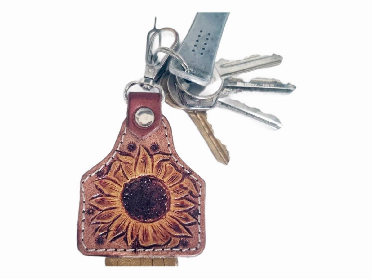 Hand Tooled Leather Sunflower Keychain with Fringe – Boho Western Bag Charm