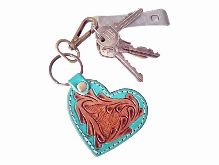 Tooled Leather Heart Keychain: Turquoise Painted Floral Charm