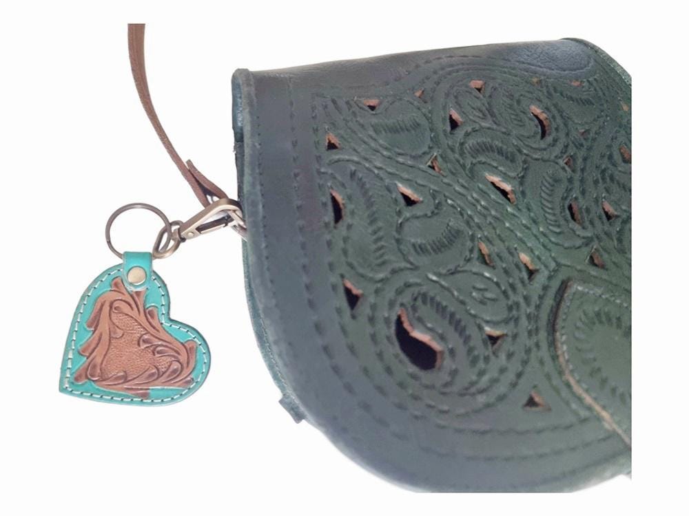 Tooled Leather Heart Keychain: Turquoise Painted Floral Charm