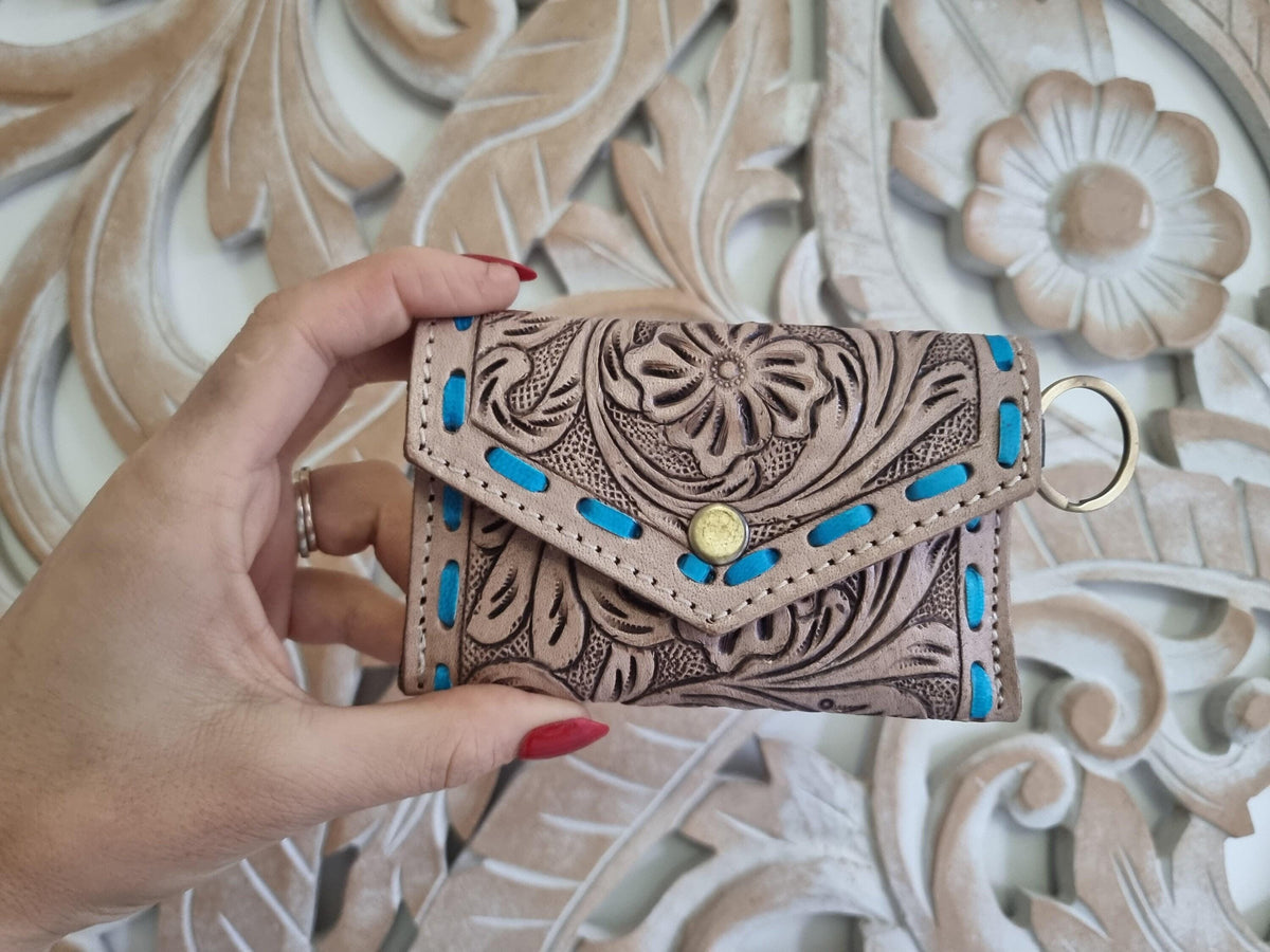 Tooled Leather Mini Key Pouch: Western Floral Keychain Wallet