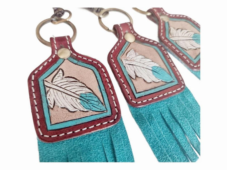 Hand Tooled Leather Feather Keychain: Turquoise Suede Fringe Western Purse Charm