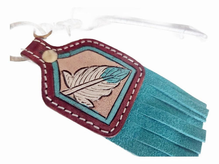 Hand Tooled Leather Feather Keychain: Turquoise Suede Fringe Western Purse Charm