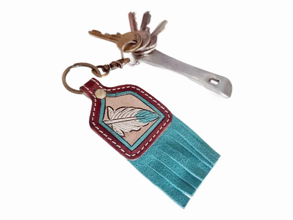 Hand Tooled Leather Feather Keychain: Turquoise Suede Fringe Western Purse Charm