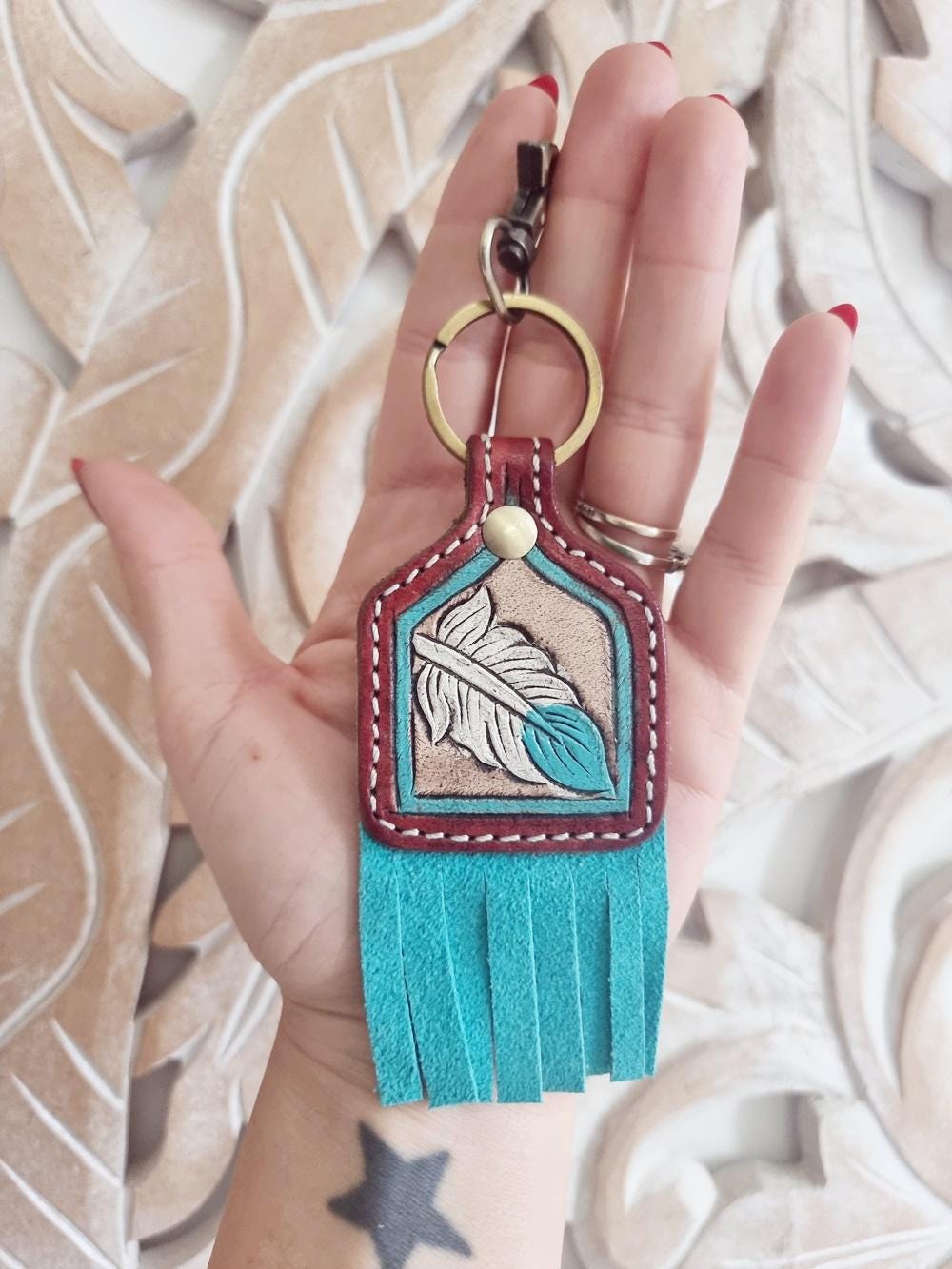 Hand Tooled Leather Feather Keychain: Turquoise Suede Fringe Western Purse Charm