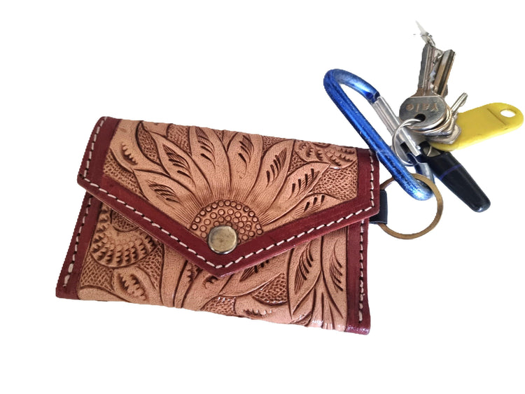 Sunflower Tooled Leather Keychain Wallet: Western Style Mini Coin Purse