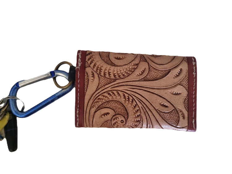 Sunflower Tooled Leather Keychain Wallet: Western Style Mini Coin Purse