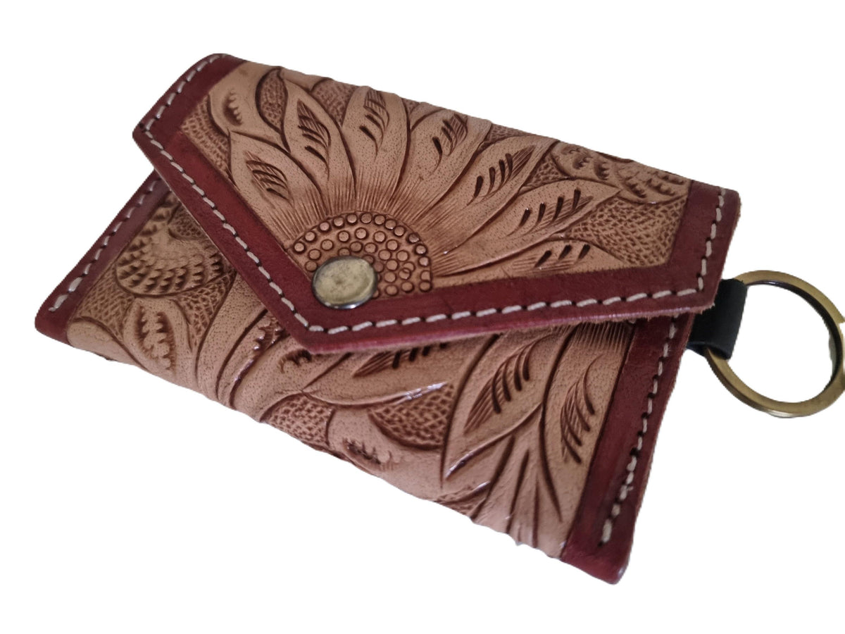 Sunflower Tooled Leather Keychain Wallet: Western Style Mini Coin Purse
