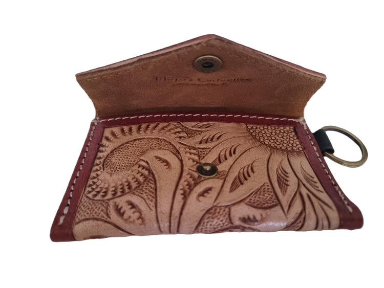 Sunflower Tooled Leather Keychain Wallet: Western Style Mini Coin Purse