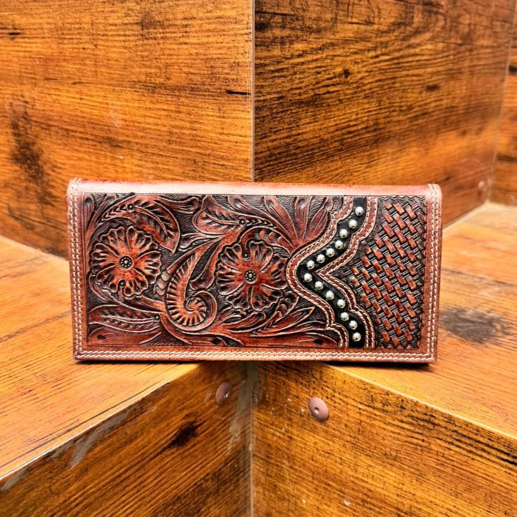 Hand Tooled Leather Long Wallet: Western Floral Design, Silver Studs