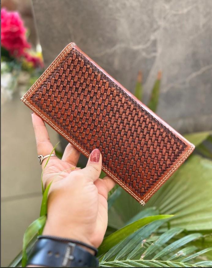 Hand Tooled Leather Long Wallet: Western Floral Design, Silver Studs