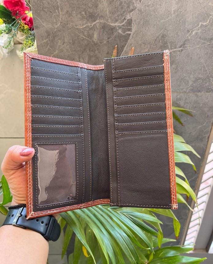 Hand Tooled Leather Long Wallet: Western Floral Design, Silver Studs