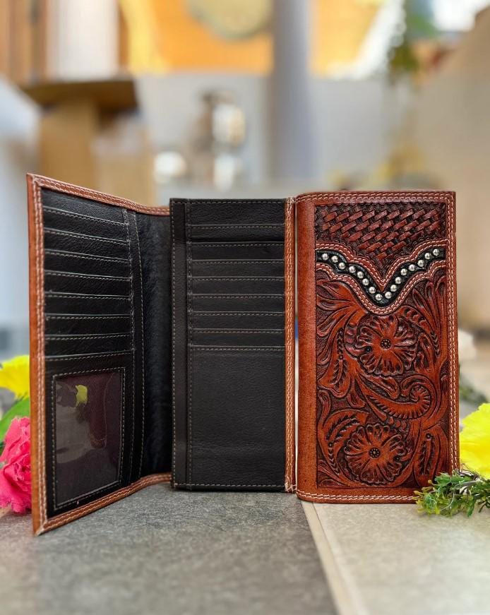 Hand Tooled Leather Long Wallet: Western Floral Design, Silver Studs