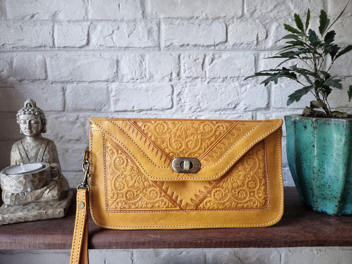 Tooled Floral Leather Wallet: Large Moroccan Clutch with Wristlet