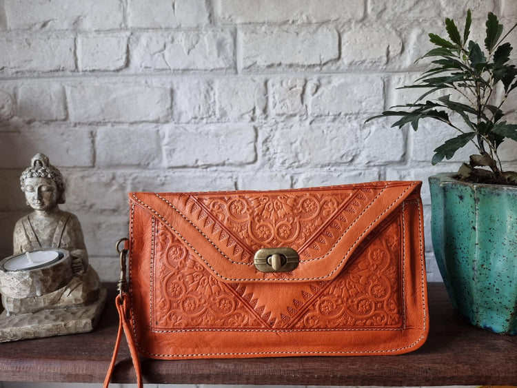 Tooled Floral Leather Wallet: Large Moroccan Clutch with Wristlet