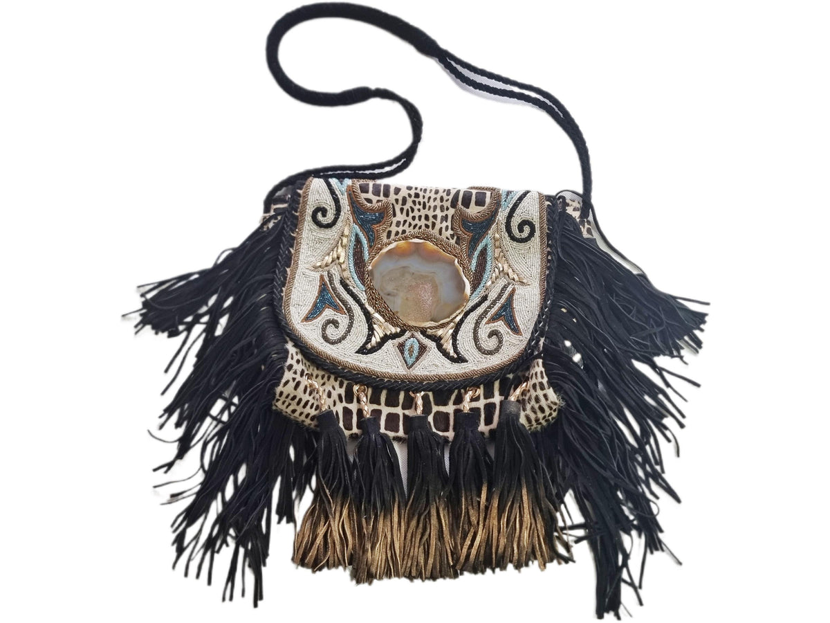 Cowhide Leather Shoulder Bag: Beaded Boho Fringe Tote with Quartz