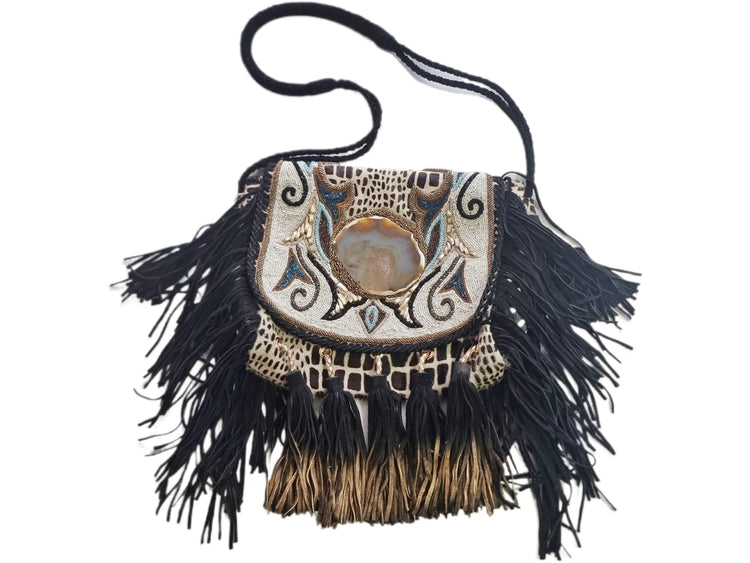 Cowhide Leather Shoulder Bag: Beaded Boho Fringe Tote with Quartz