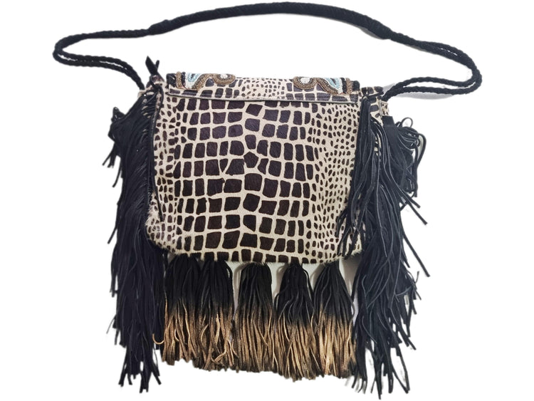 Cowhide Leather Shoulder Bag: Beaded Boho Fringe Tote with Quartz