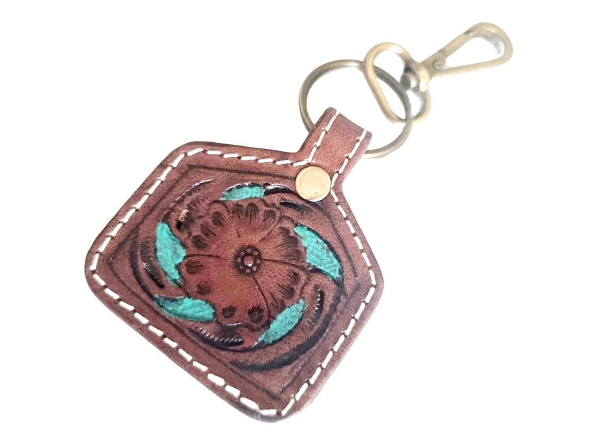 Tooled Leather Flower Keychain: Vintage Western Purse Charm