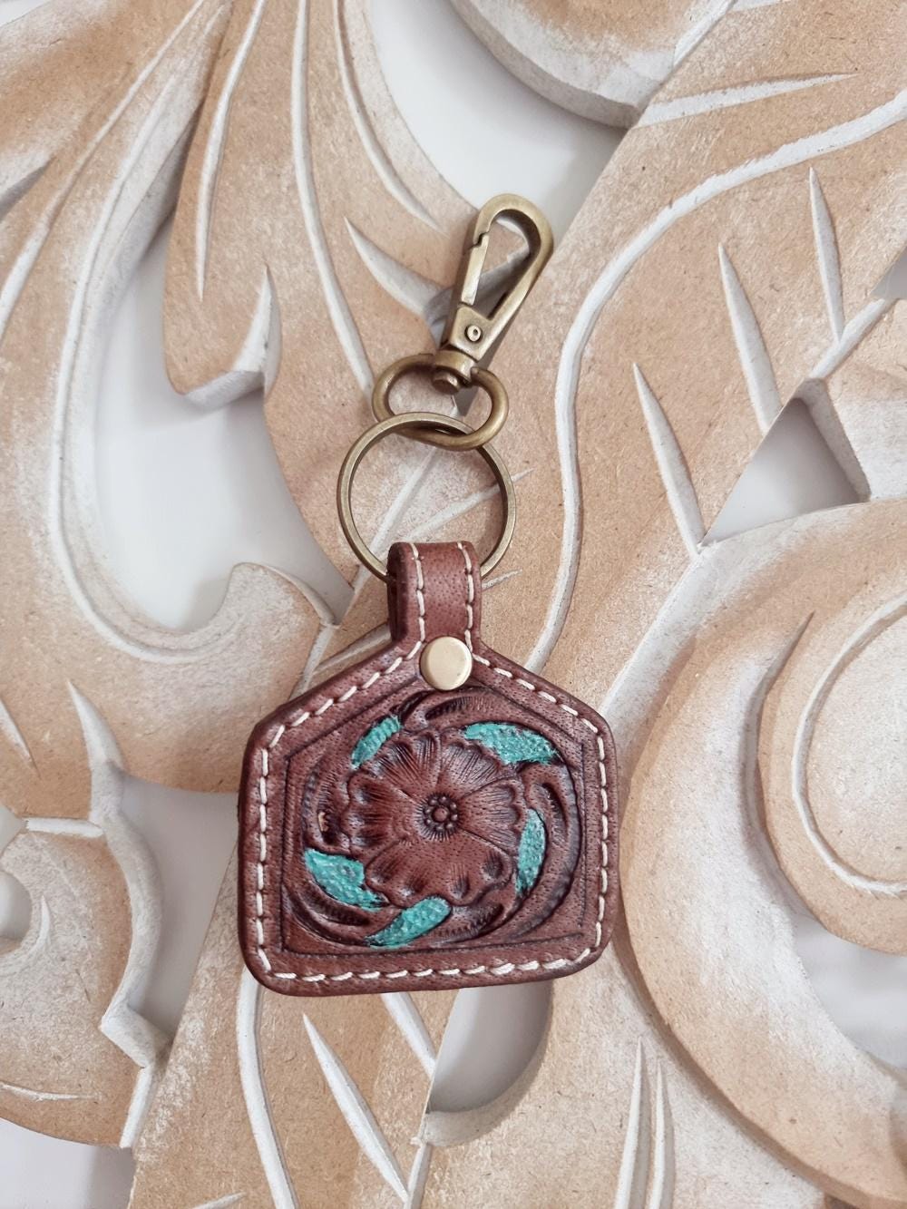 Tooled Leather Flower Keychain: Vintage Western Purse Charm