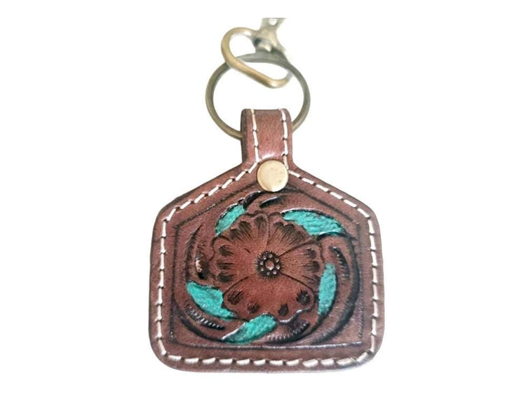 Tooled Leather Flower Keychain: Vintage Western Purse Charm