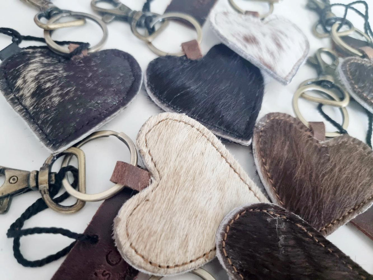 Cowhide Heart Keychain: Handmade Western Leather Purse Charm