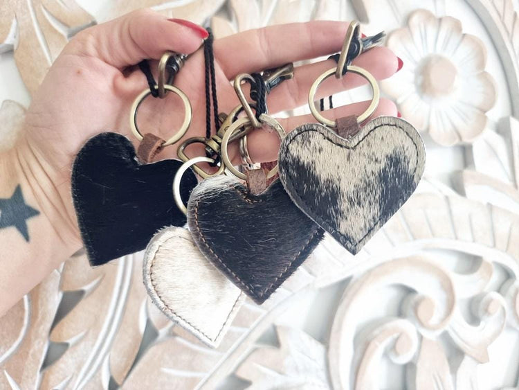 Cowhide Heart Keychain: Handmade Western Leather Purse Charm