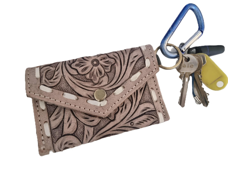 Tooled Leather Keychain Wallet: Mini Coin Purse, Western Style