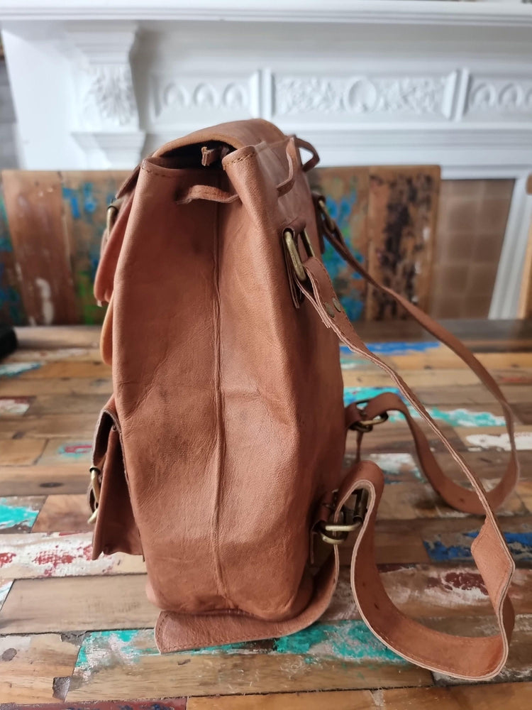 Vintage Leather Backpack, 1970s Hippie Rucksack, Tan Brown Leather Bag, Boho Backpack, Womens Festival Bag