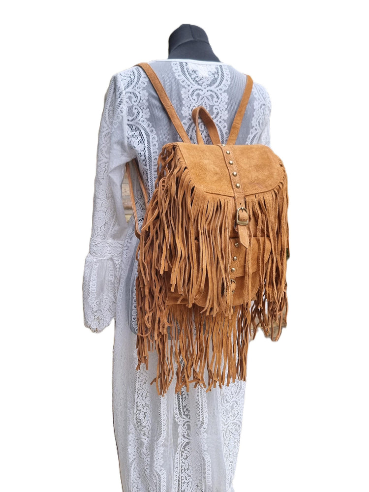 Burgundy Suede Leather Tassel Backpack: Boho Festival Rucksack