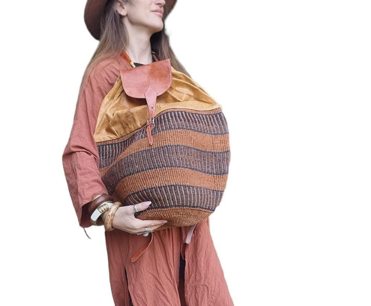Extra Large Sisal Backpack: Vintage Leather Rucksack, Boho Travel Bag