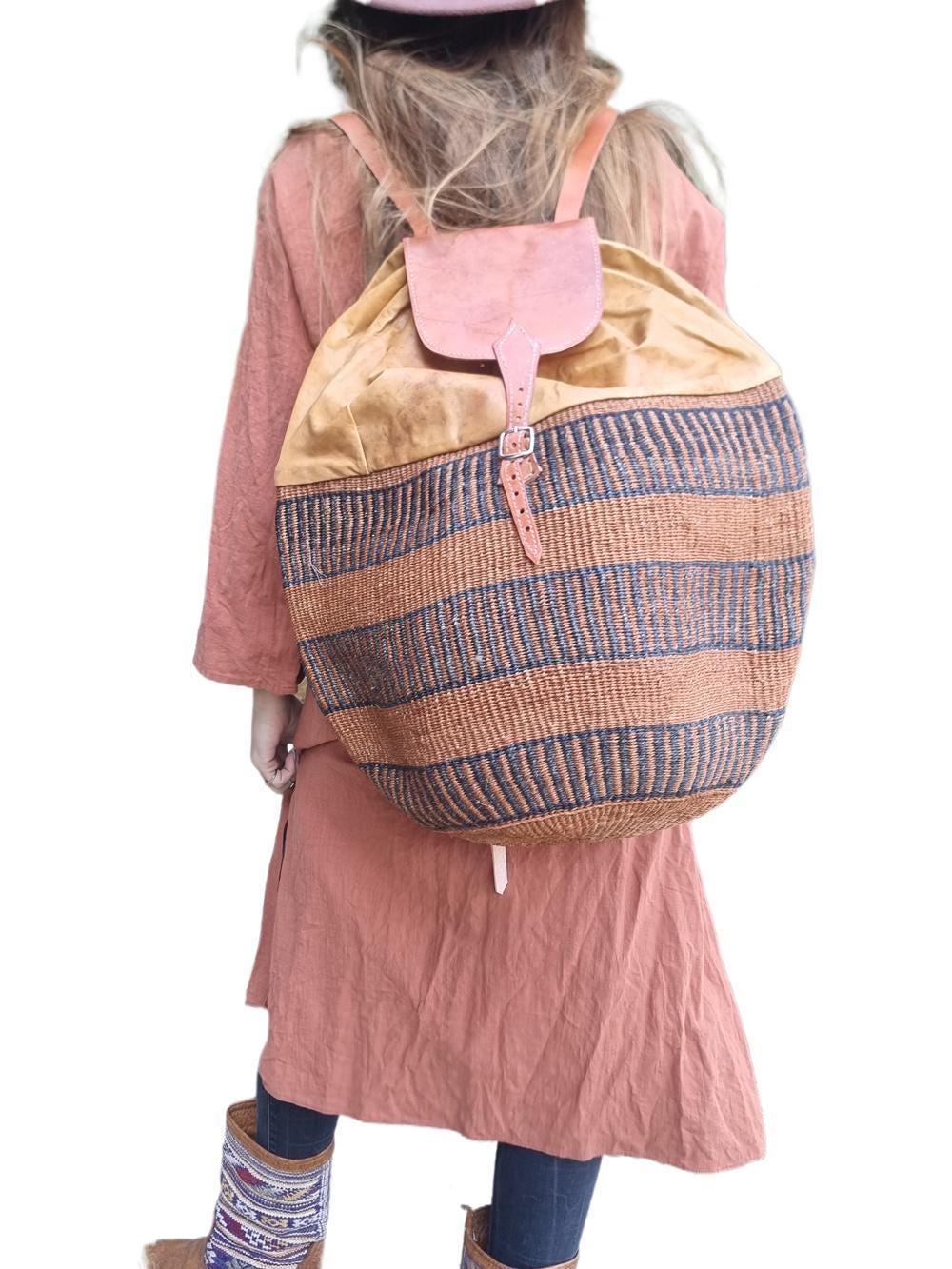 Extra Large Sisal Backpack: Vintage Leather Rucksack, Boho Travel Bag