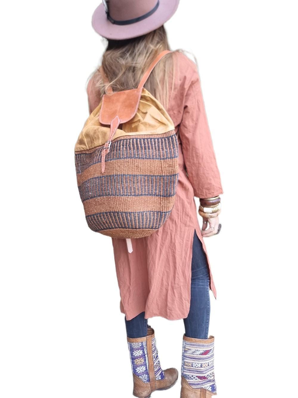 Extra Large Sisal Backpack: Vintage Leather Rucksack, Boho Travel Bag