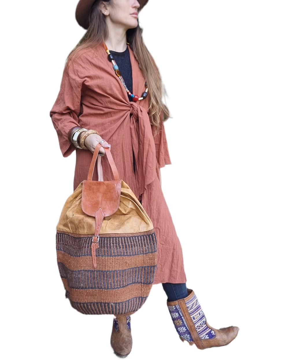 Extra Large Sisal Backpack: Vintage Leather Rucksack, Boho Travel Bag