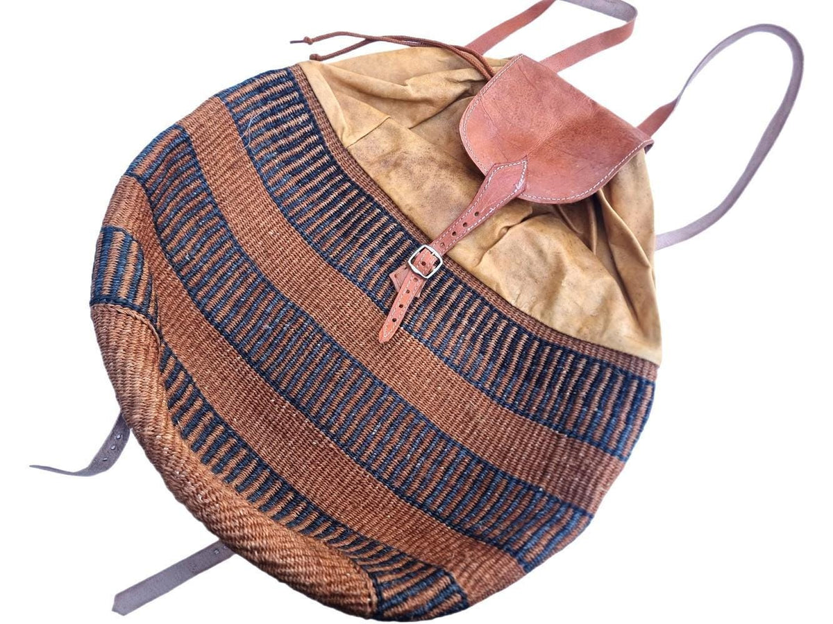Extra Large Sisal Backpack: Vintage Leather Rucksack, Boho Travel Bag