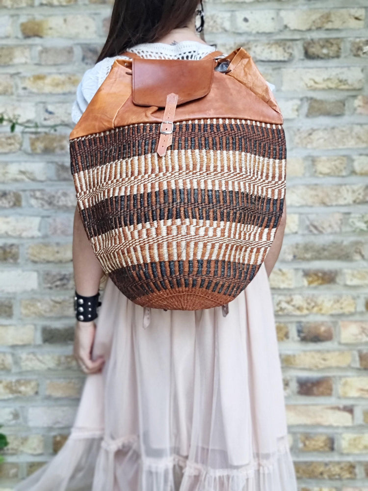 Vintage Sisal Bucket Backpack: Extra Large Leather Travel Bag
