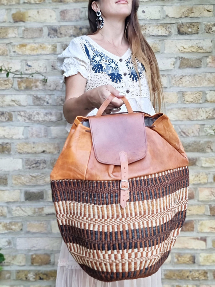 Vintage Sisal Bucket Backpack: Extra Large Leather Travel Bag