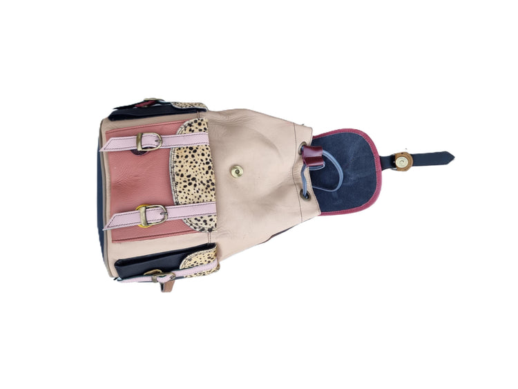 Patchwork Leather Cowhide Backpack Purse: Women's Artisan Rucksack with Hair-On Hide Pockets - Multicoloured Leather Bag